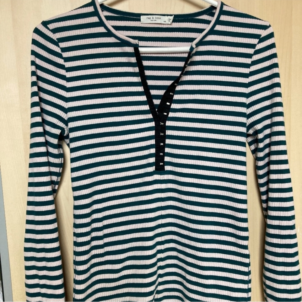 Rag & Bone Green Striped Henley Shirt